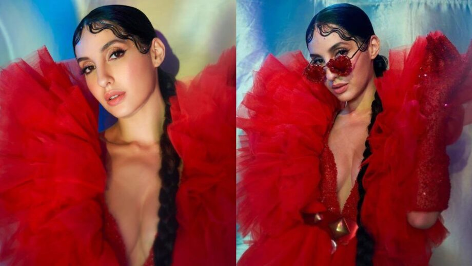 नोरा फतेही ने अपने रेड हॉट कॉट्योर आउटफिट से इंटरनेट पर लगाई आग, देखें एक्ट्रेस का हॉट अवतार