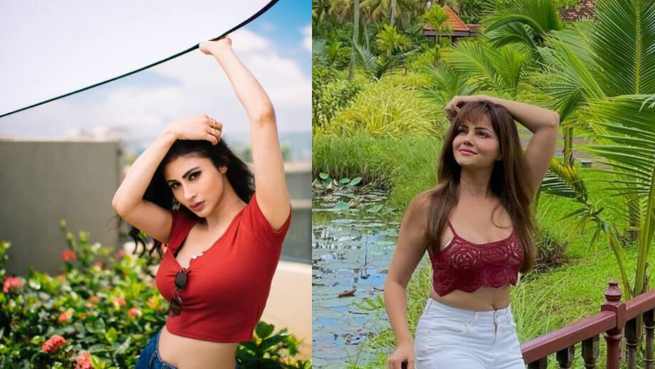 मौनी रॉय और रुबीना दिलैक ने मेरून क्रॉप टॉप मे उड़ाये फैंस के होश