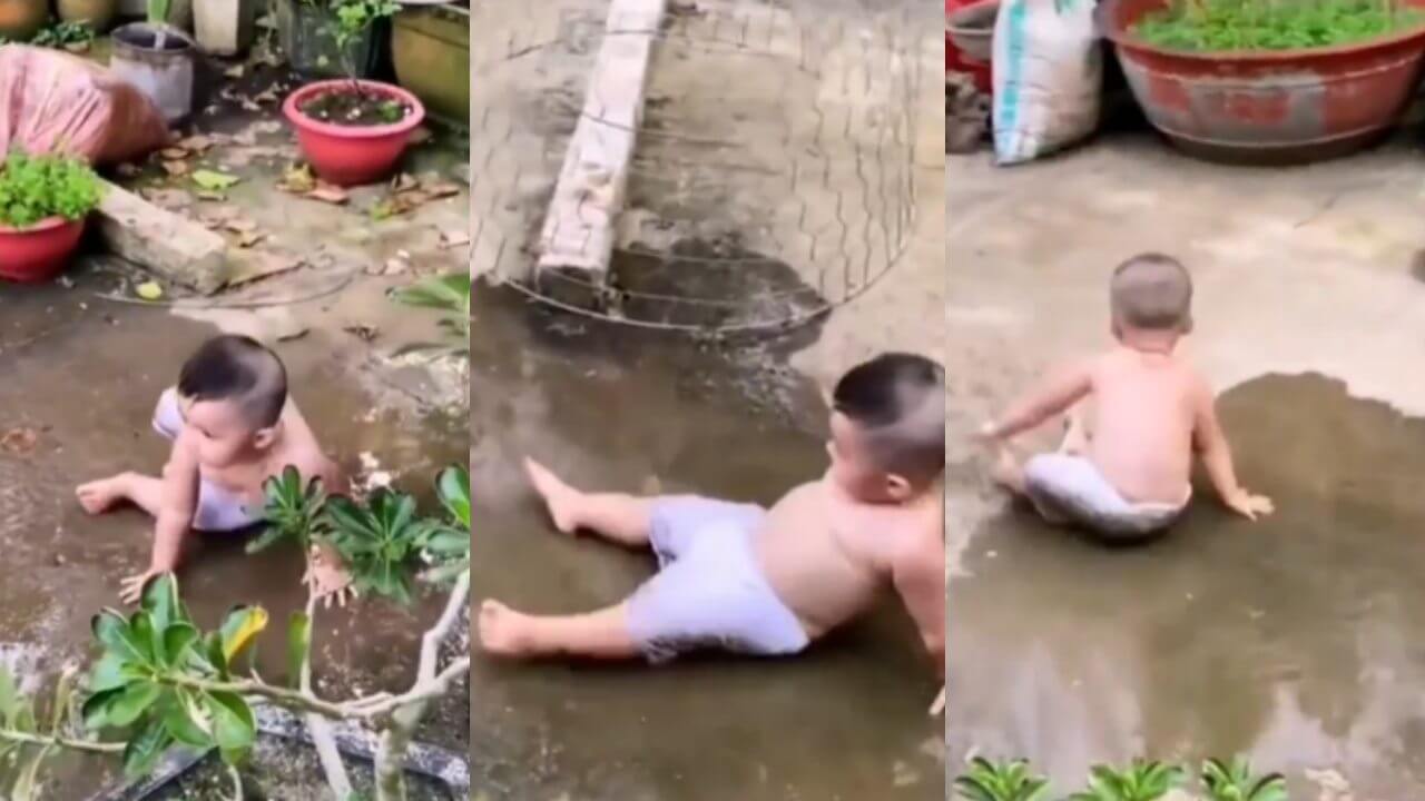 लगातार पानी में गिरकर बच्चे ने लोगों के चेहरों पर लाई मुस्कान, देखें वायरल वीडियो