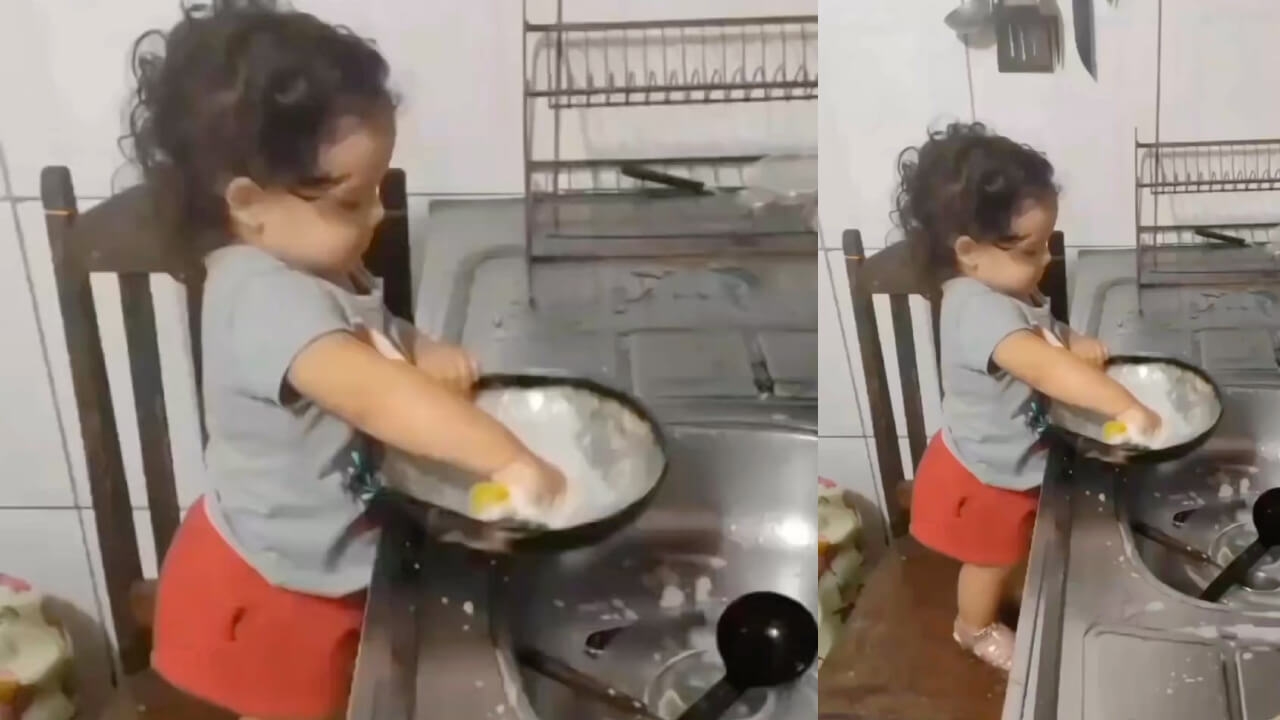 वायरल वीडियो: एक बच्चे का बर्तन धोते हुए एक वीडियो हुआ वायरल