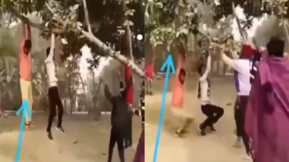 पेड़ से लटकते हुए लड़कों की मजेदार वीडियो हुई वायरल