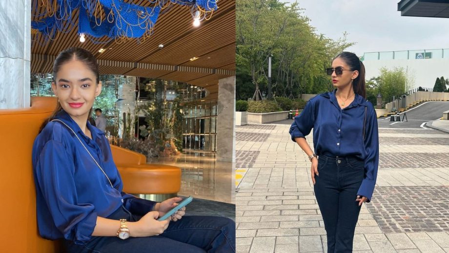 नेवी ब्लू शर्ट और जींस पैंट में दिखा अनुष्का सेन का अनोखा अवतार