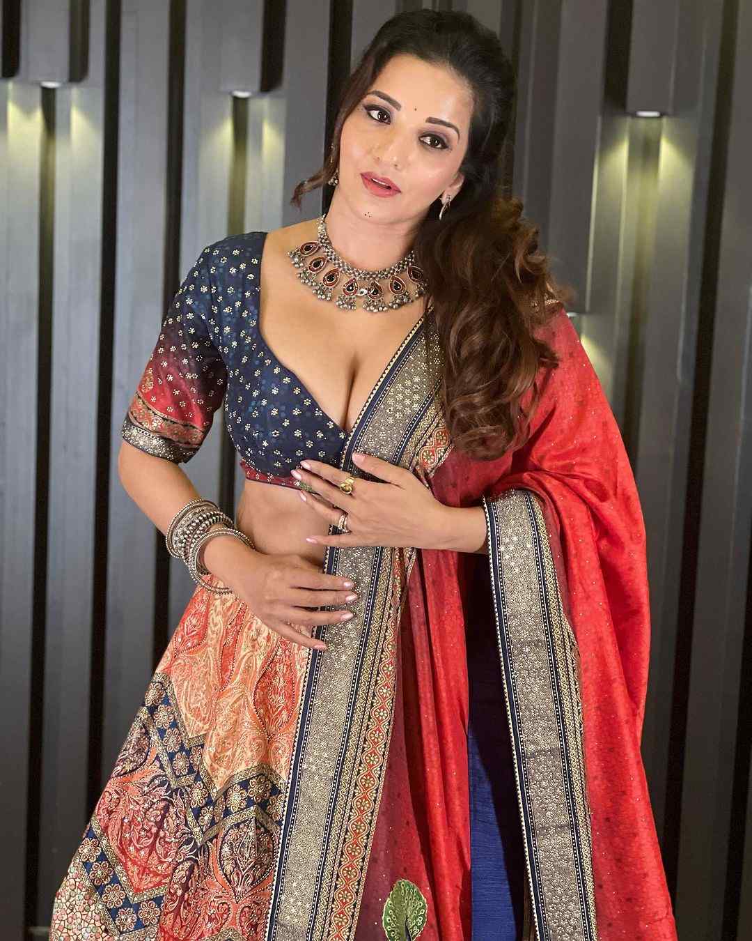 डीप नेक ब्लाउज के साथ रंग बिरंगे लहंगे में धमाल मचा रही है मोनालिसा, देखे हसीन अदाएं 33524