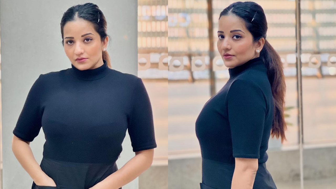 टर्टल-नेक ब्लैक ड्रेस में मोनालिसा ने ढाया कहर, एयरपोर्ट लुक को फैंस ने किया पसंद