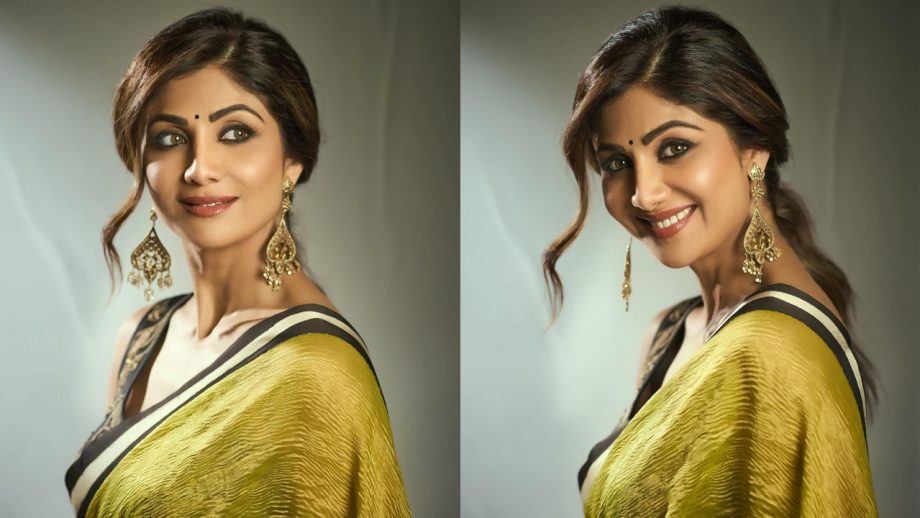 स्ट्रिप्स साड़ी में दिखीं शिल्पा शेट्टी की कुदरती खूबसूरती, देखे हसीन अंदाज