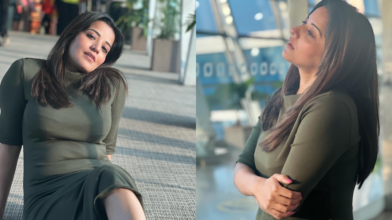 बदन पर बॉडीकॉन ड्रेस सजाकर मोनालिसा ने एयरपोर्ट पर दिखाया अपना ग्लैमरस, देखे फोटो