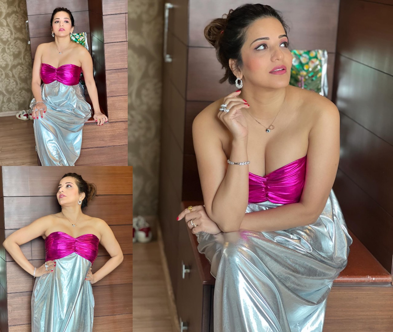 डुअल-कलर मैटेलिक स्ट्रैपलेस ड्रेस में मोनालिसा ने इंटरनेट पर मचाया तहलका 40832