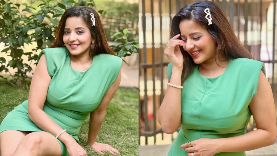 ग्रीन मिनी ड्रेस में मोनालिसा ने दिखाया अपना बेबाक अंदाज