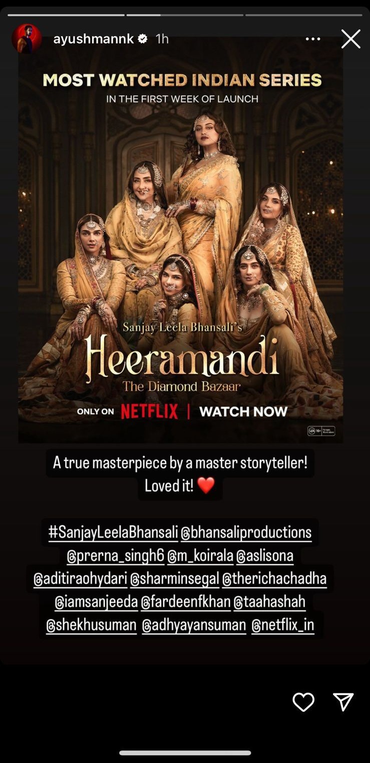 आयुष्मान खुराना, वाणी कपूर और शरवरी वाघ ने संजय लीला भंसाली की नेटफ्लिक्स सीरीज "हीरामंडी: द डायमंड बाजार" की जमकर तारीफ की! 46573