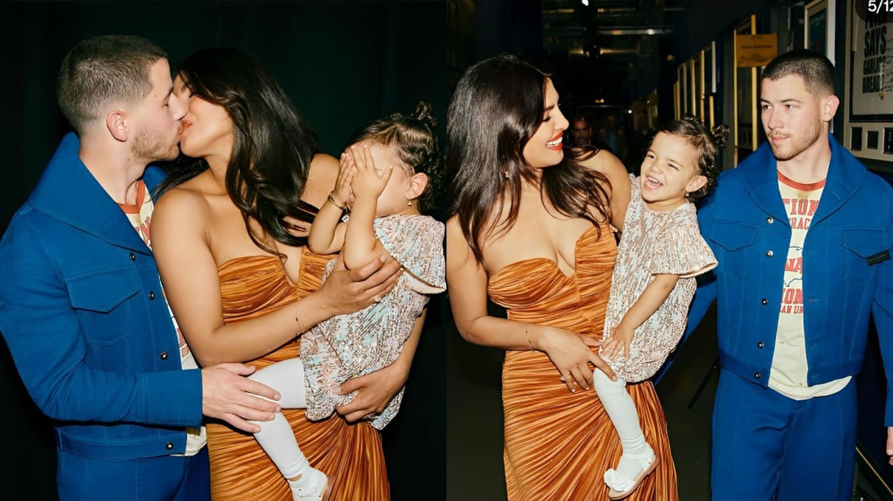 प्रियंका चोपड़ा और निक जोनास एक भावुक लिप-लॉक साझा करते हैं लेकिन यह मालती मैरी है जिसने शो चुरा लिया