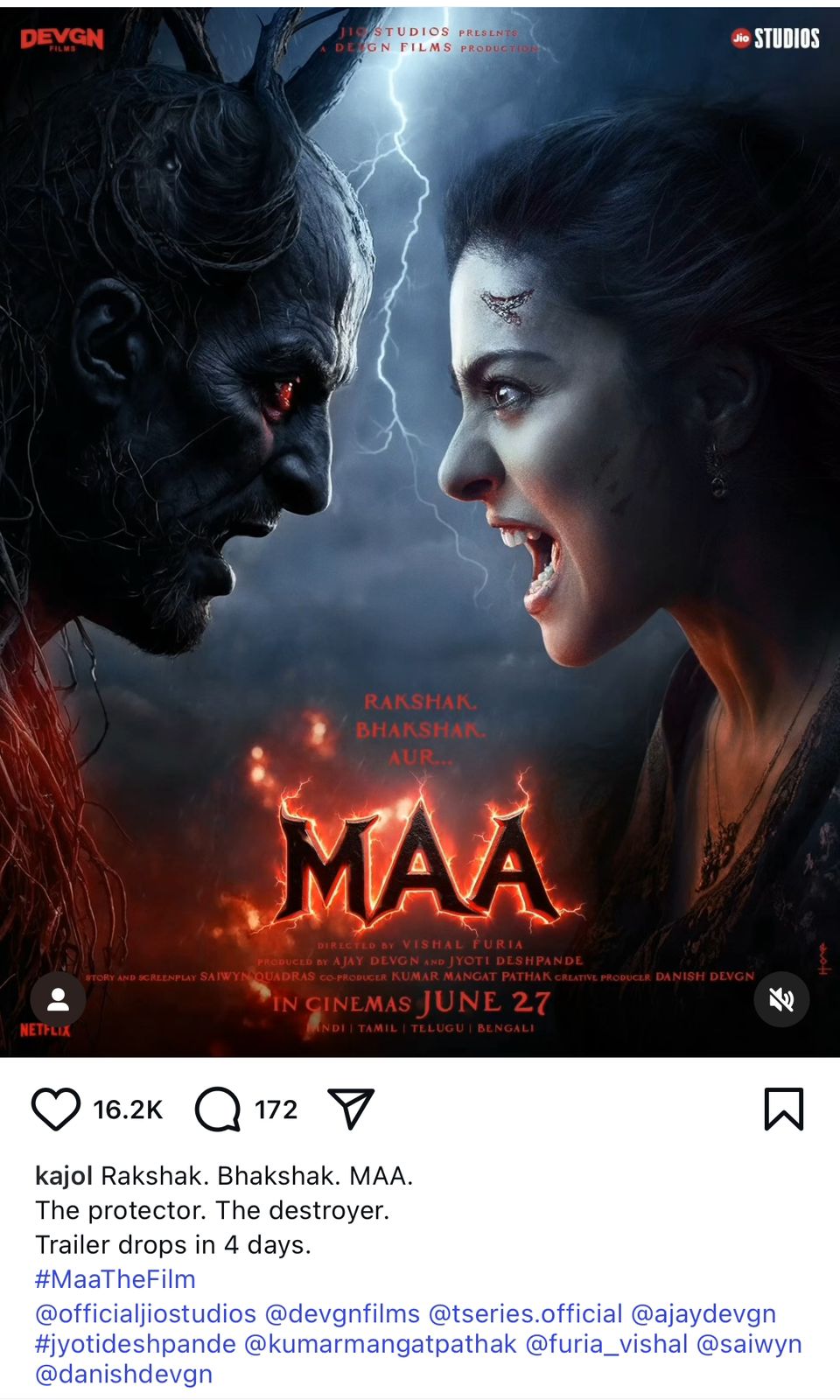 काजोल की 'मां' का ट्रेलर 4 दिन में रिलीज; पोस्टर 'रोंगटे खड़े कर देने वाला' है 57678