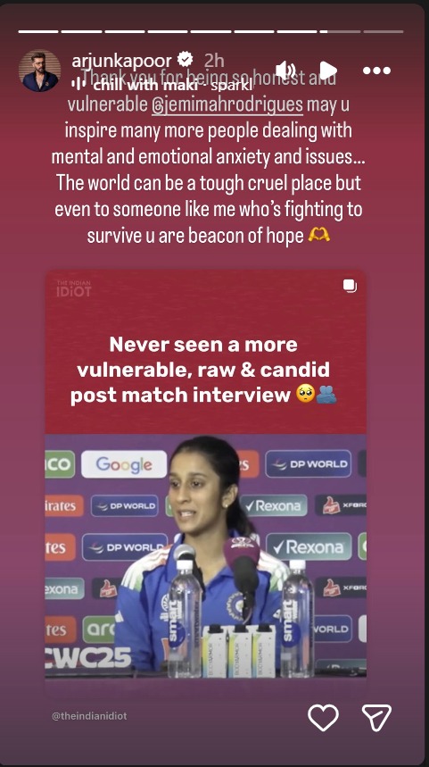 अर्जुन कपूर ने जेमिमा रोड्रिग्स के लिए लिखा हार्दिक नोट: साहस, संवेदनशीलता और जीत को एक मार्मिक श्रद्धांजलि 60476