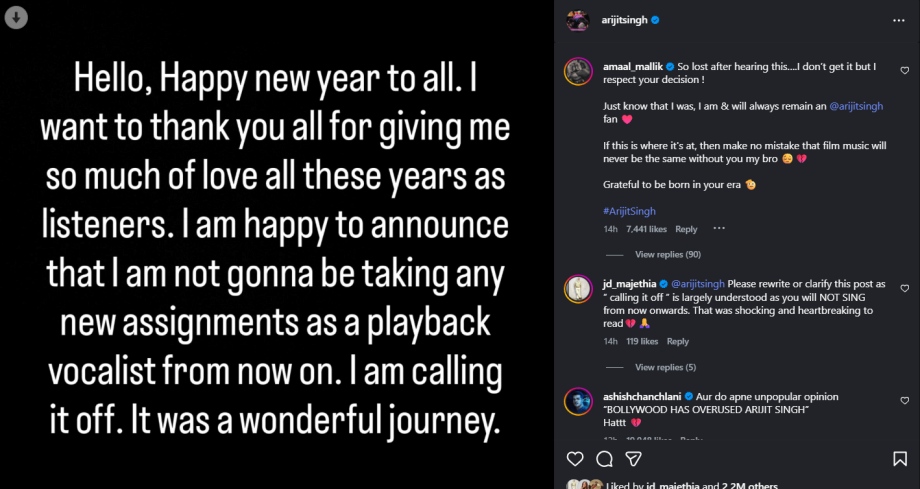अरिजीत सिंह ने पार्श्व गायन से लिया संन्यास; उनका आखिरी गाना गलवान की लड़ाई का मातृभूमि था 61911
